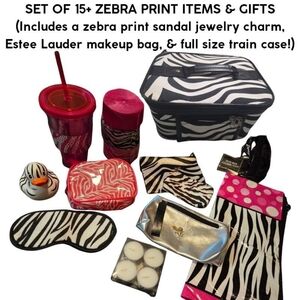 15PC SET ZEBRA PRINT GIFTS (INCLUDING JEWELRY, TRAIN CASE & ESTEE LAUDER BAG!)
